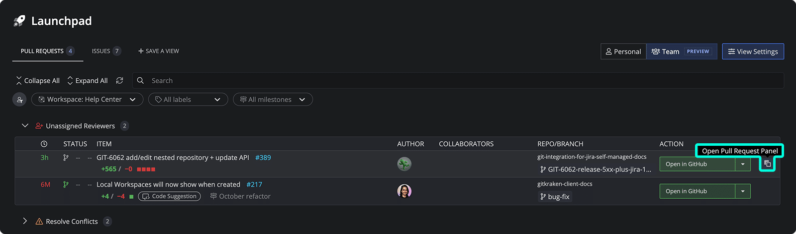 Launchpad view in GitKraken Desktop showing a list of pull requests with an option highlighted to open the pull request panel.