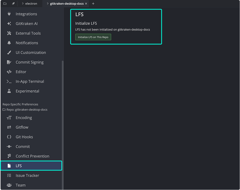 LFS tab in Preferences