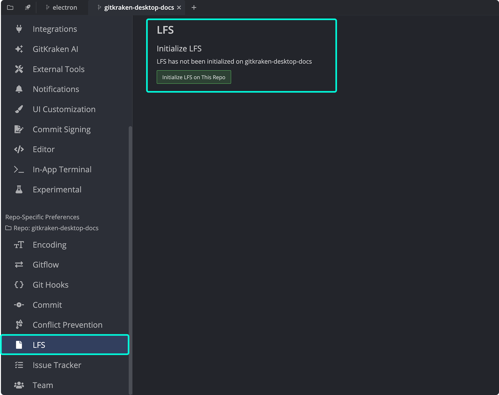 LFS tab in Preferences