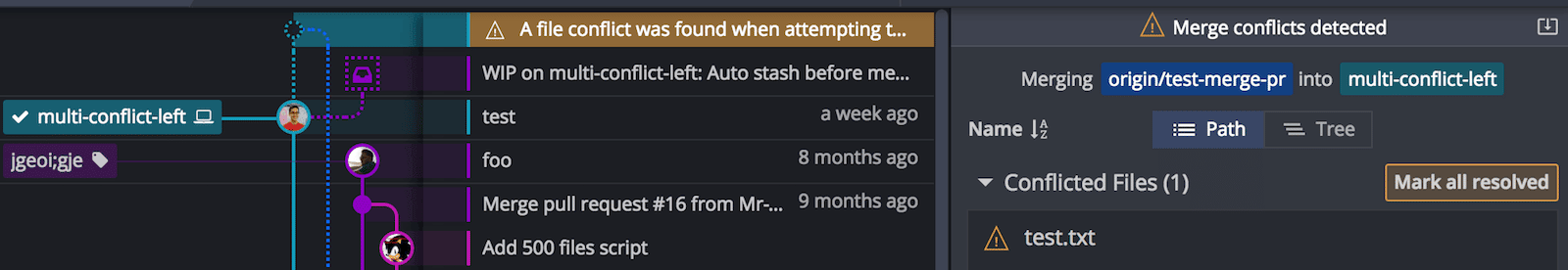 GitKraken merge conflict interface showing conflicting file test.txt when merging origin/test-merge-pr into multi-conflict-left