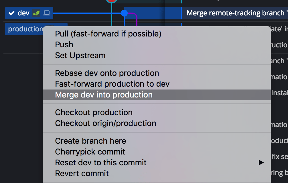 Context menu showing option to merge dev branch into production branch in GitKraken Desktop