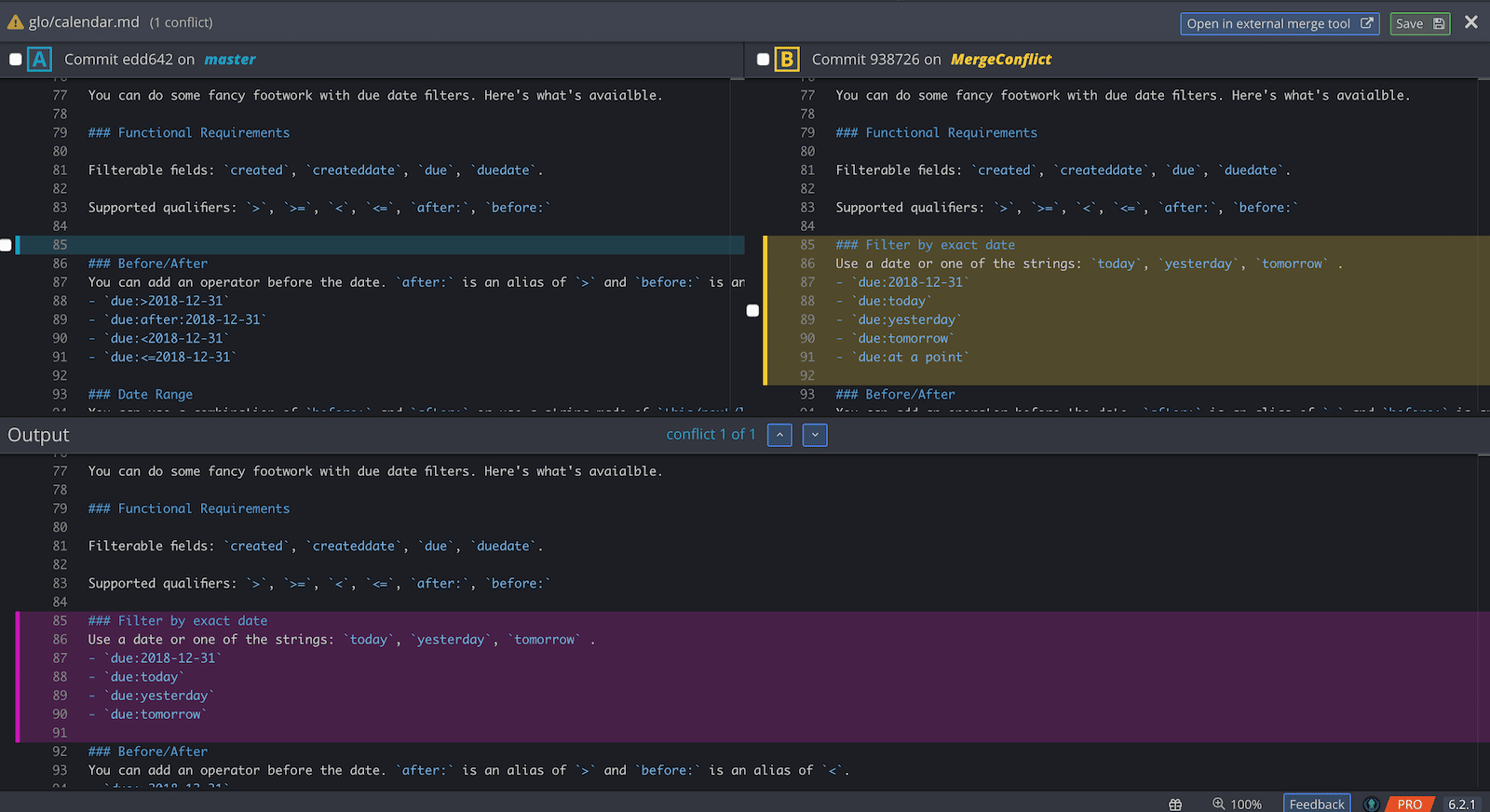 Screenshot of GitKraken's merge conflict tool showing side-by-side comparison of conflicting lines in glo/calendar.md