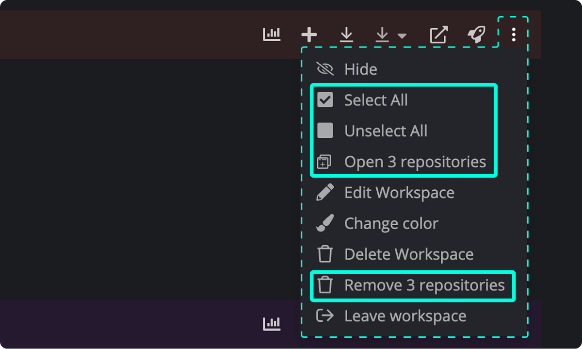 GitKraken Desktop showing a dropdown menu with bulk workspace options, including Select All, Open repositories, and Remove repositories.