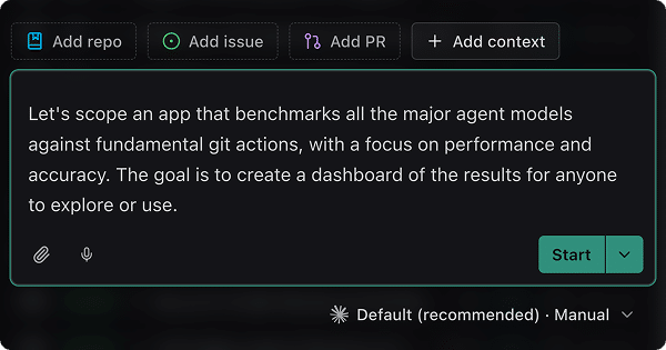 The Task Composer with a prompt typed in and Add repo, Add issue, Add PR, and Add context buttons, nothing attached yet