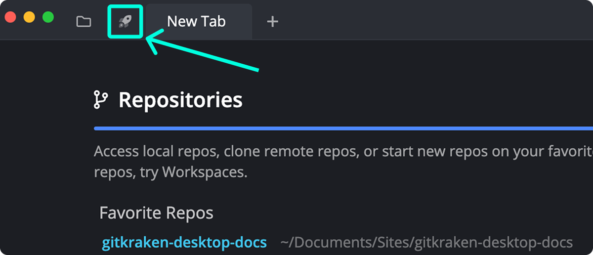 User highlighting the rocket icon in GitKraken Desktop to open the Launchpad tab for managing pull requests and issues.