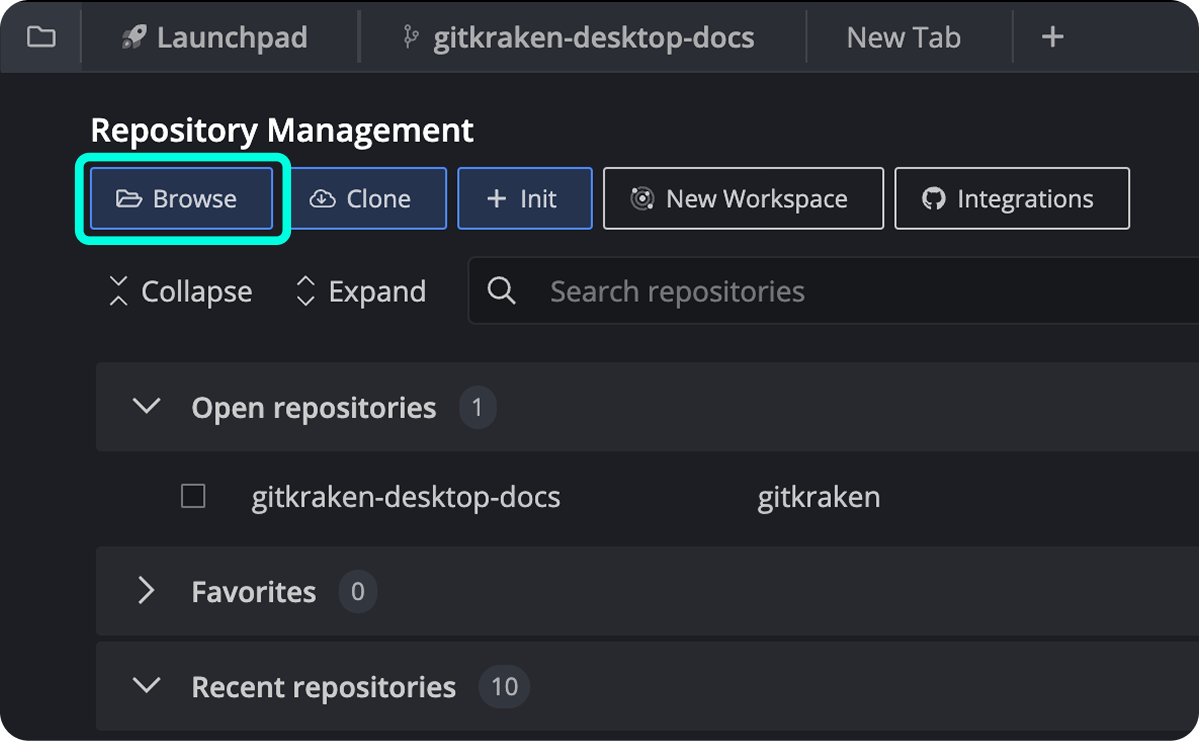 Repository Management screen with the Browse button highlighted to open an existing repository