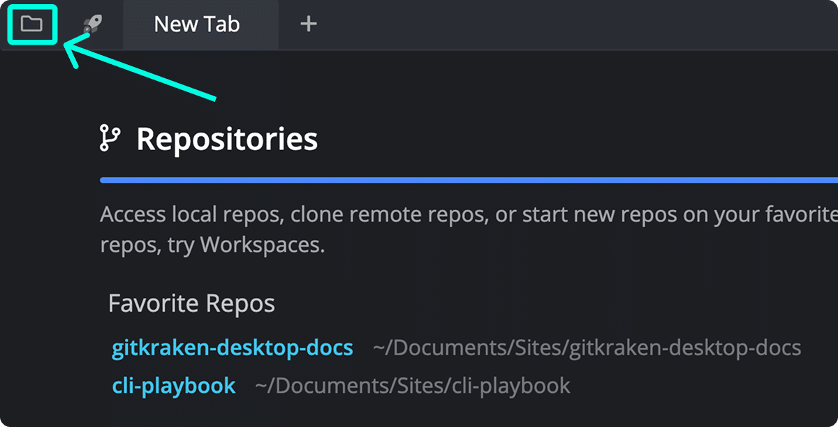 GitKraken Desktop interface highlighting the folder icon used to access Workspaces from the Repo Management tab.