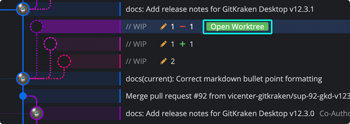 Opening a worktree from its WIP node in the commit graph.