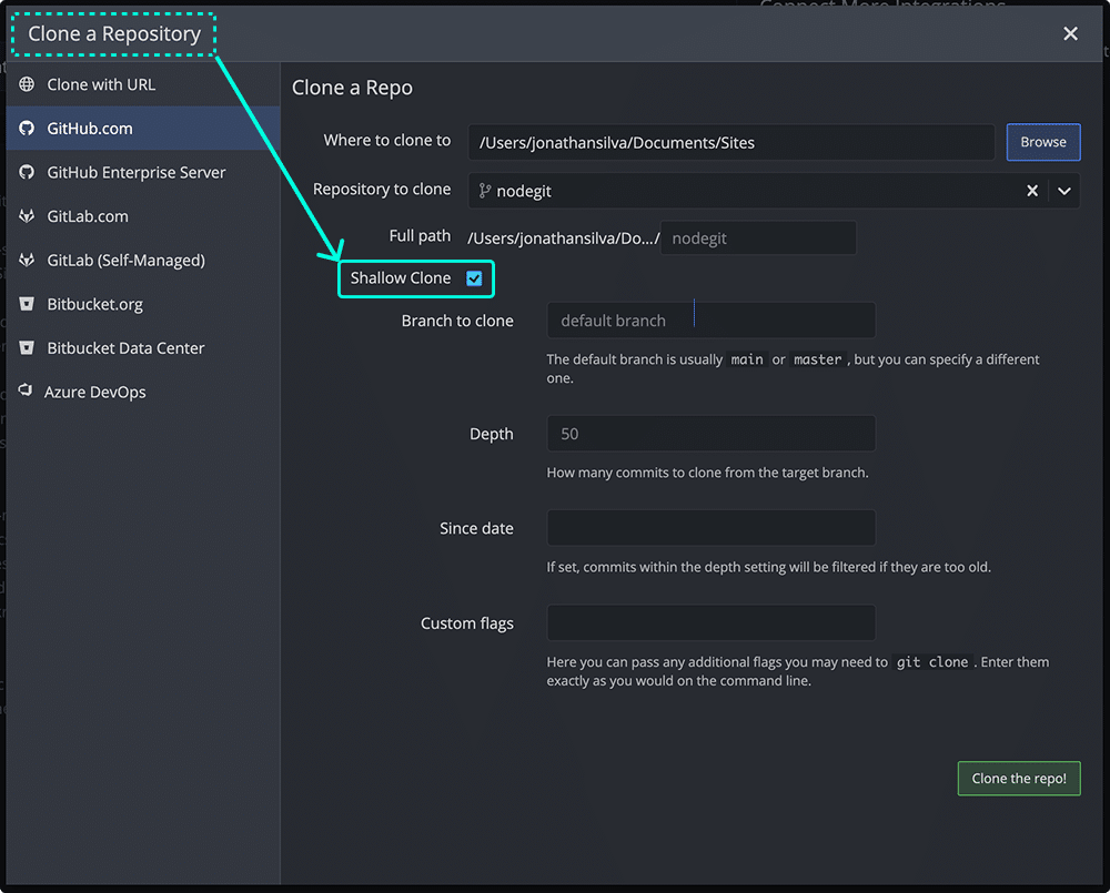 GitKraken Desktop shallow clone options, including branch to clone, depth, since date, and custom flags