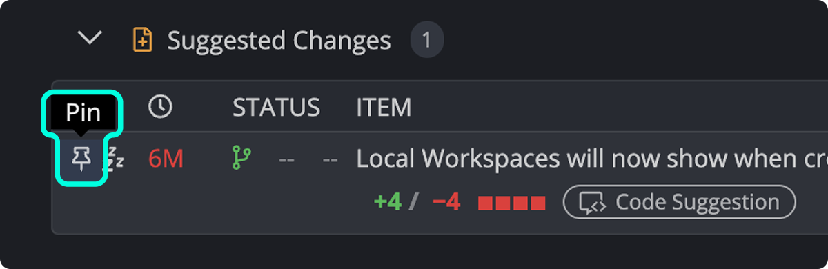 User interface showing a pin icon in GitKraken Launchpad for marking pull requests under Suggested Changes.