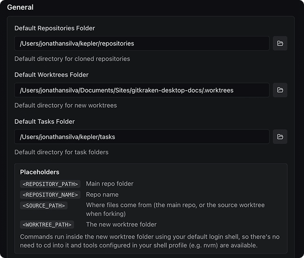 Settings → General, showing the three folder fields and the Placeholders legend beneath them