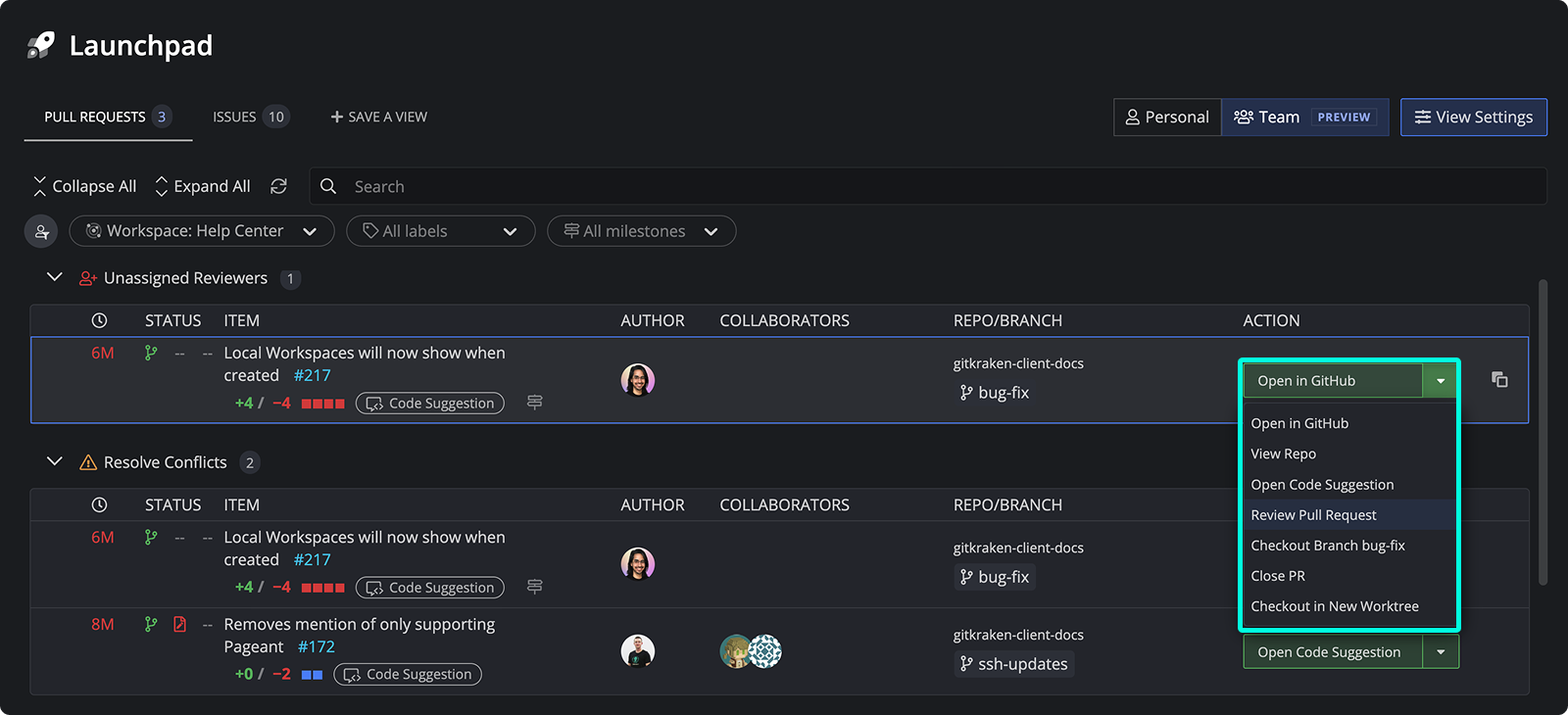 GitKraken Desktop Launchpad showing a pull request with dropdown menu options including 'Open in GitHub', 'Review Pull Request', 'Checkout Branch', and more.