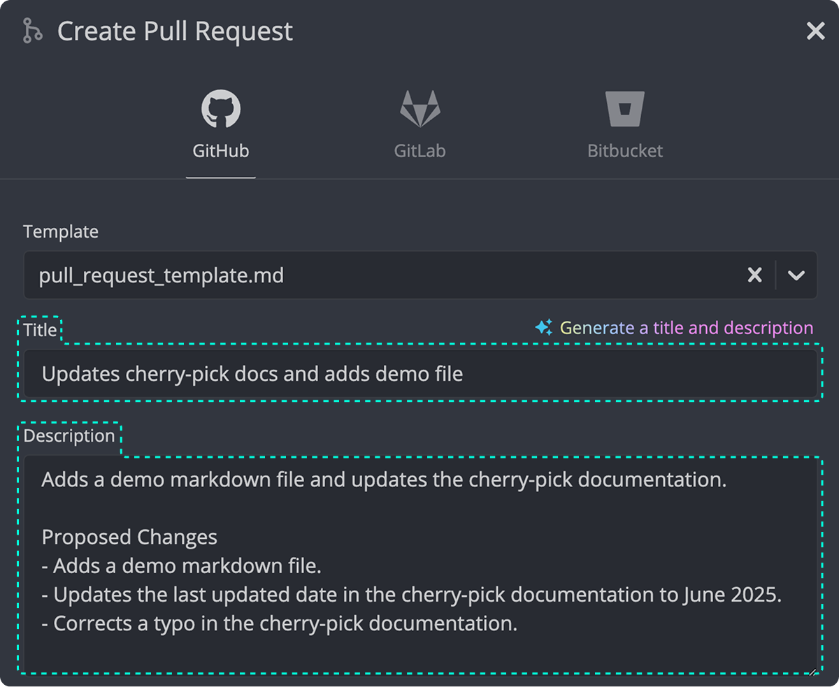 Pull request form showing auto-generated title and description summarizing recent documentation changes.