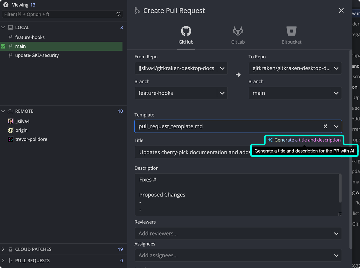 Pull request creation panel with an AI button to generate a title and description based on branch changes.