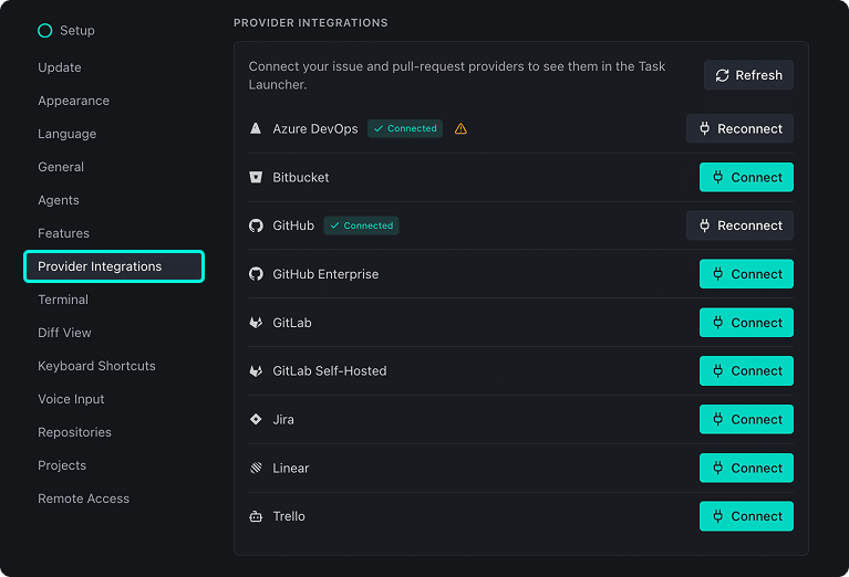 Settings → Provider Integrations listing Azure DevOps (Connected, with a warning icon), Bitbucket, GitHub (Connected), GitHub Enterprise, GitLab, GitLab Self-Hosted, Jira, Linear, and Trello, each with a Connect or Reconnect button