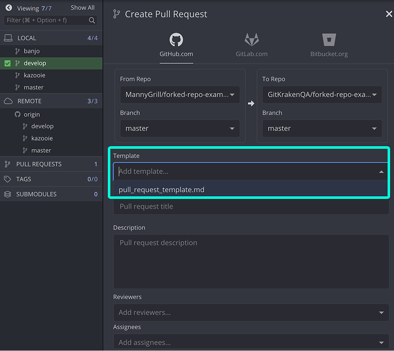 GitKraken Desktop interface displaying the Create Pull Request dialog with a dropdown field for selecting a pull request template. The template 'pull_request_template.md' is highlighted.