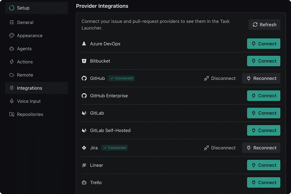 Settings → Integrations → Provider Integrations, with GitHub and Jira connected, showing the Connected badge and Disconnect and Reconnect buttons