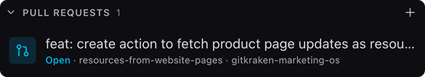 A Pull requests group in the task view's rail, auto-populated with an open pull request matching the worktree's branch