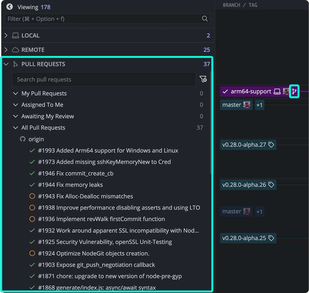 GitKraken Desktop interface showing the Pull Requests panel expanded with filters and PR list from the origin remote