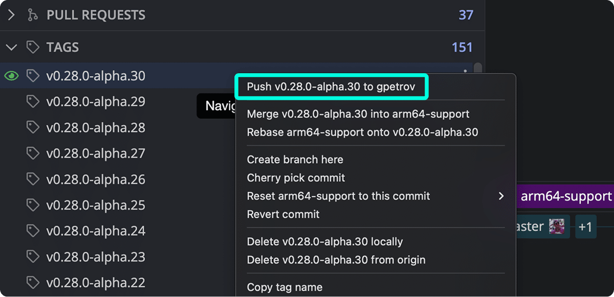 GitKraken Desktop tag context menu showing push, merge, rebase, and delete options