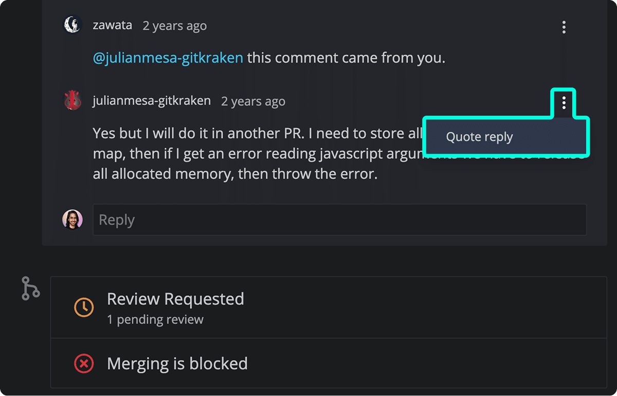 Highlighted UI option for quoting a reply in a pull request comment thread, with 'Merging is blocked' status below