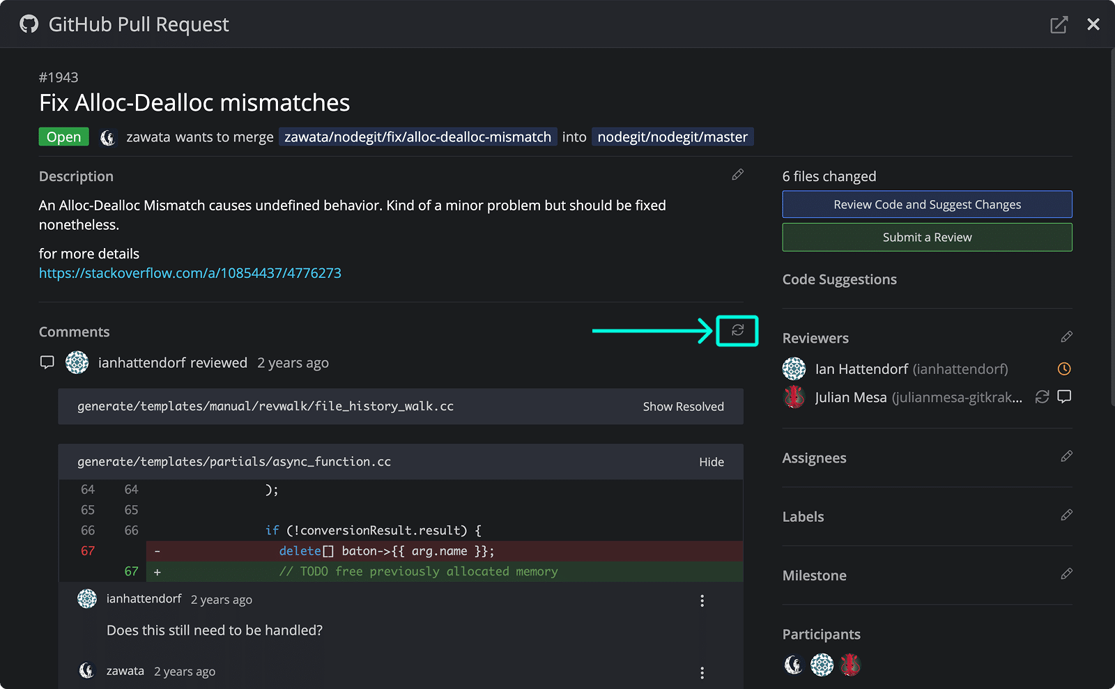 GitHub Pull Request view in GitKraken Desktop showing reviewers, code diff, and a highlighted refresh comments button