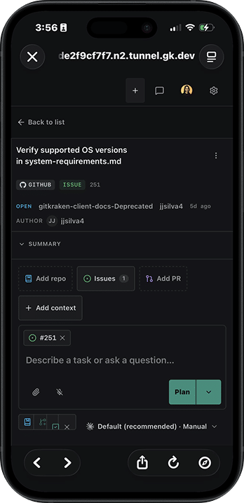 A paired phone's browser open on the Kepler tunnel URL, showing the connected session