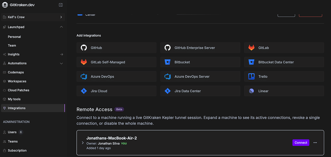 gitkraken.dev Integrations page showing the Remote Access (Beta) section with this machine listed
