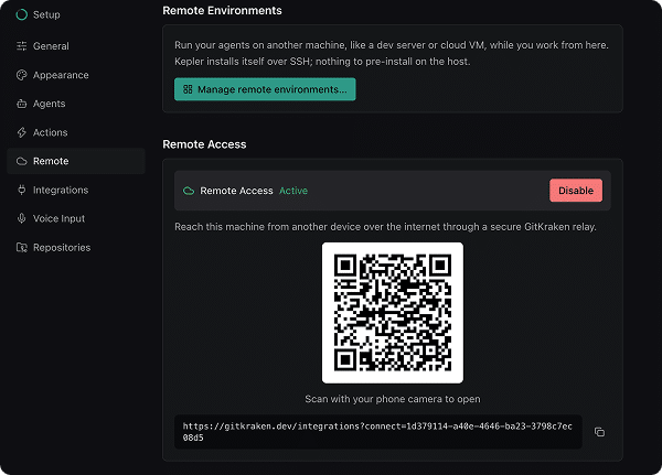 Settings → Remote → Remote Access, active, with the QR code and gitkraken.dev link visible