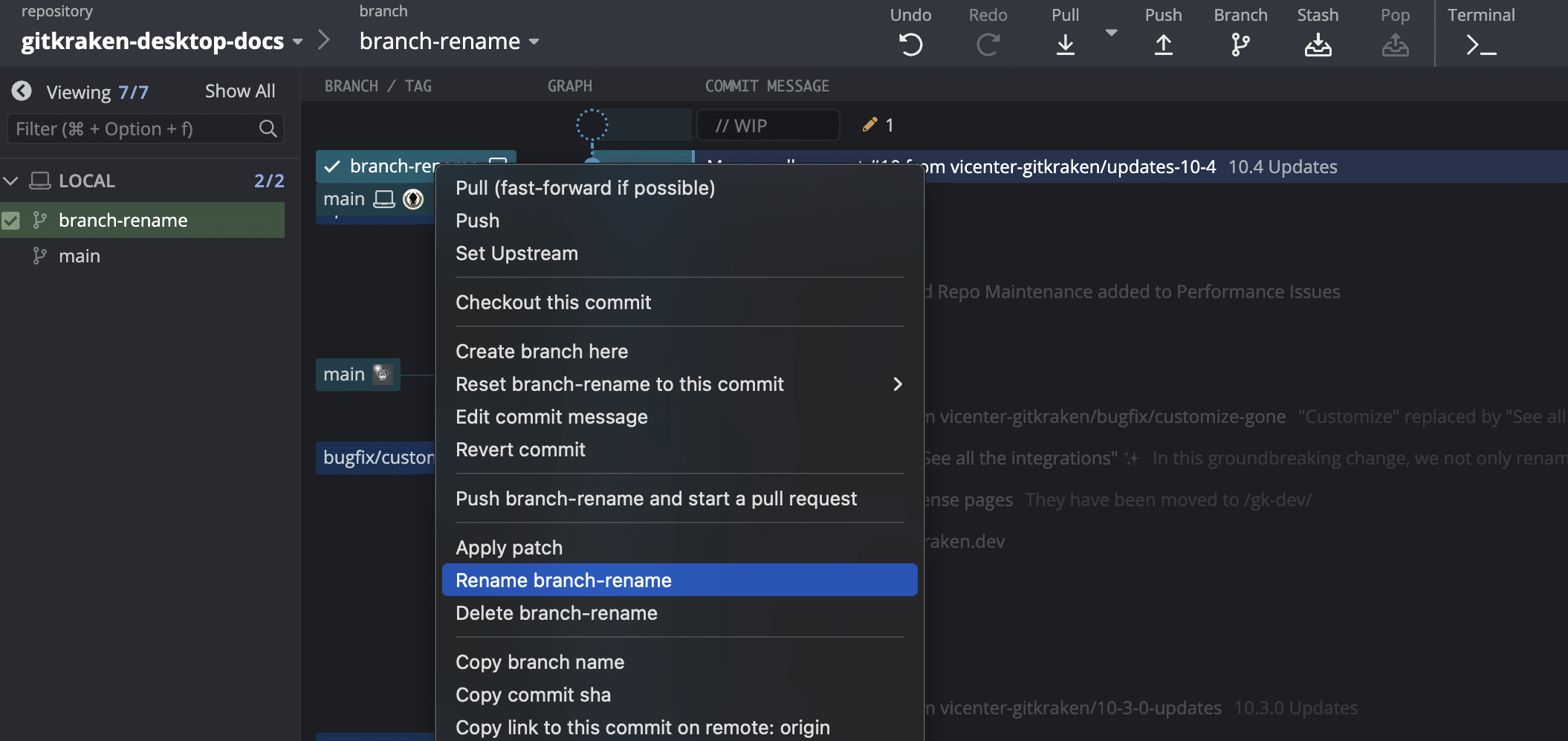 Context menu in GitKraken Desktop with the Rename branch option selected for the branch 'branch-rename'