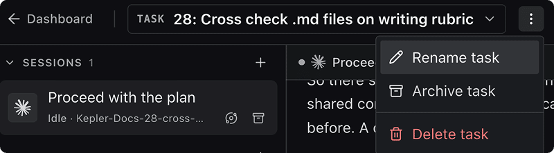 The Task actions menu open from the header, listing Rename task, Archive task, and Delete task