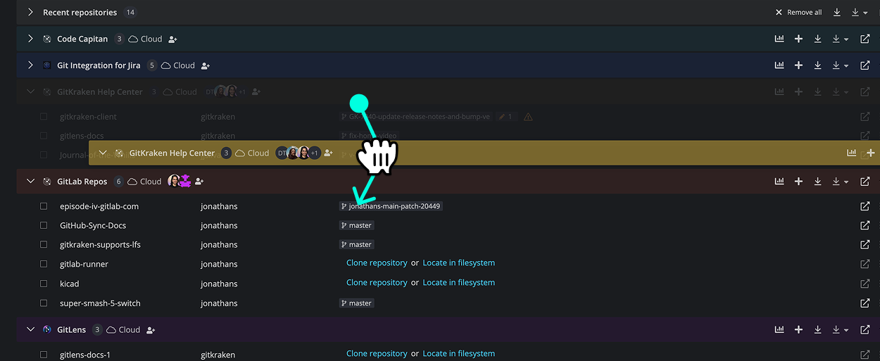 GitKraken Desktop interface showing a hand cursor dragging a workspace section to reorder its position.