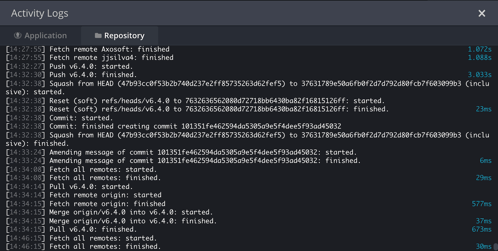 Repository tab showing Git operations like fetch, push, reset, squash, and commit along with timestamps and durations