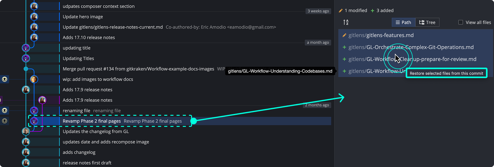 GitKraken Desktop Commit Panel showing multiple files selected from a commit’s file list, with a right-click context menu displaying the ‘Restore selected files from this commit’ option highlighted