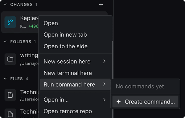 The Run command here option on a worktree's right-click menu in the task view rail