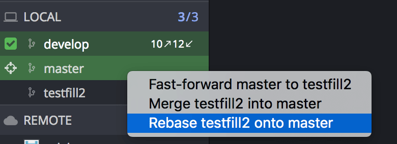 Sidebar context menu showing options to fast-forward, merge, or rebase the testfill2 branch onto master.