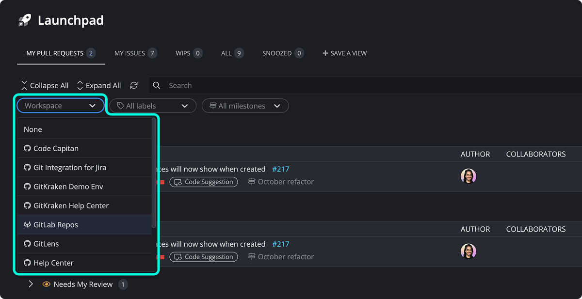 Dropdown menu in GitKraken Launchpad for selecting a Workspace to filter pull request and issue activity.