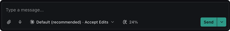 The session composer, with attach and voice icons, the agent-settings pill, context usage, and the Send button
