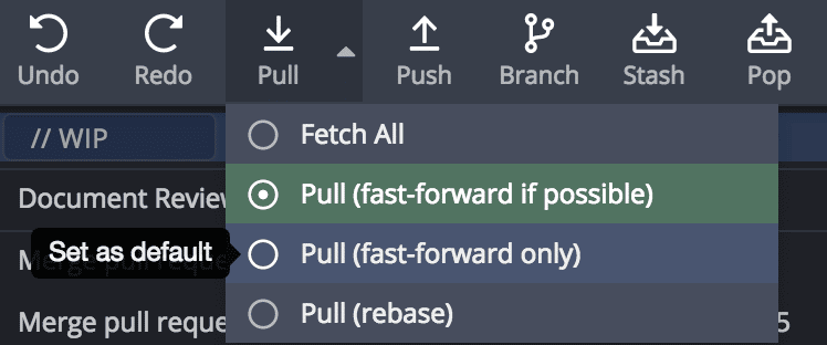 GitKraken Desktop pull menu with option to set default pull behavior