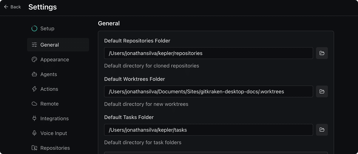 Settings open on the General sub-page, with the left rail showing Setup plus all eight sub-pages