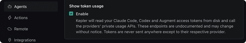 The Show token usage setting, with Enable checked and its explanatory hint