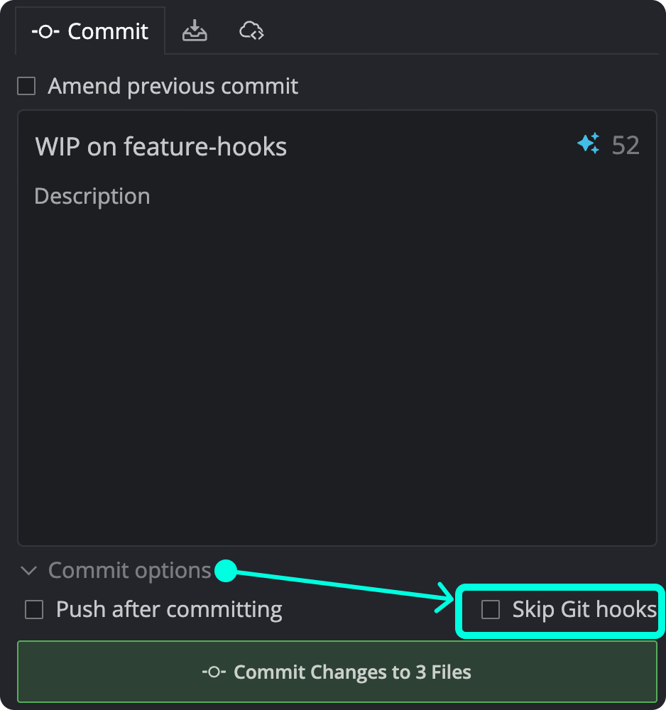 GitKraken Desktop commit panel showing a checkbox to skip Git hooks during commit