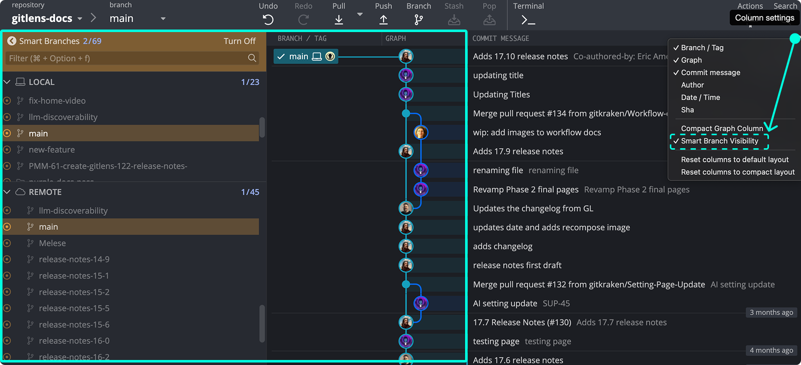 GitKraken Desktop Commit Graph with Smart Branch Visibility enabled, showing a filtered branch list in the Left Panel and the column settings dropdown with the Smart Branch Visibility option checked