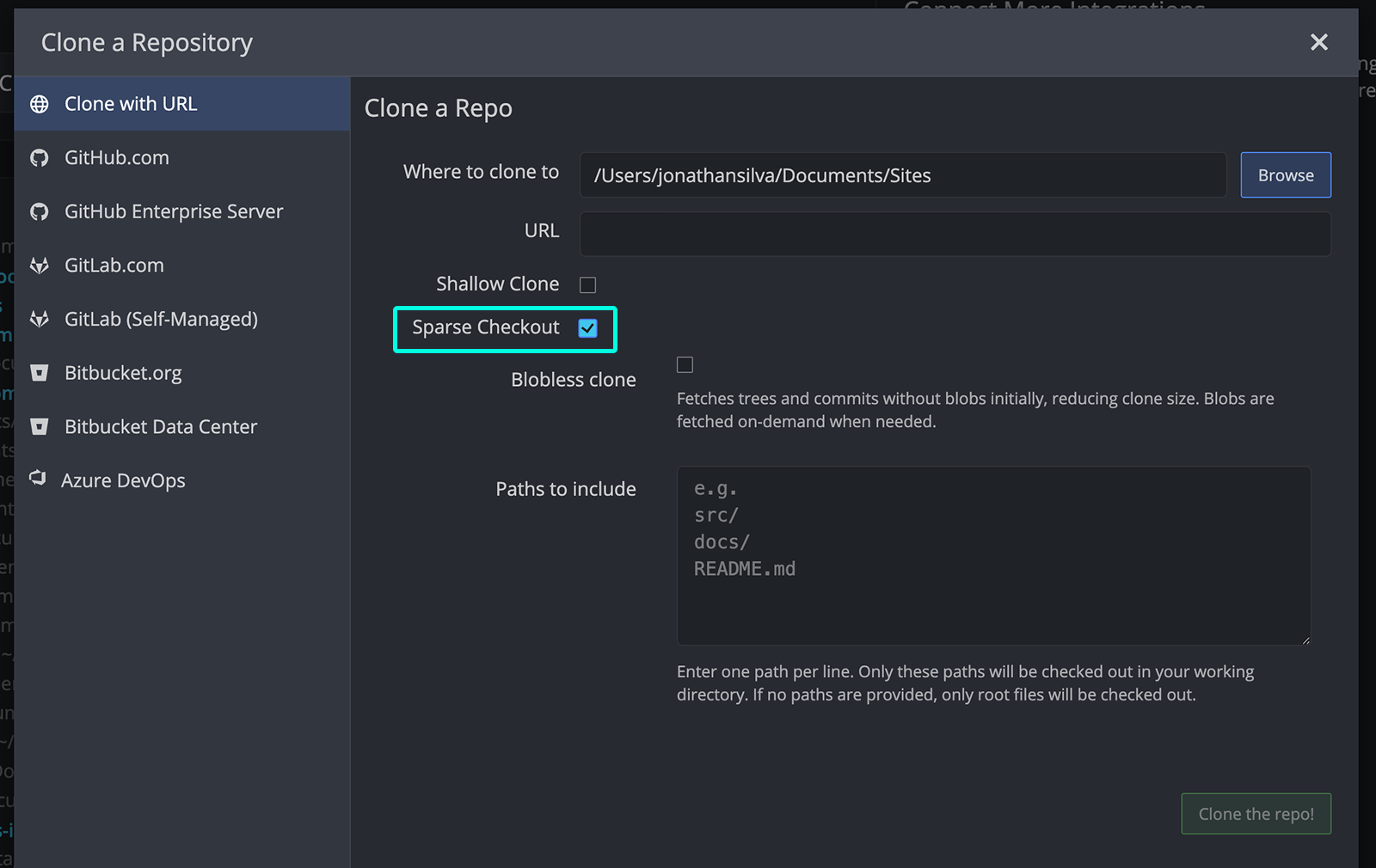 GitKraken Desktop Clone dialog with Sparse Checkout enabled, showing a Blobless clone option and a Paths to include text field with example paths such as src/, docs/, and README.md