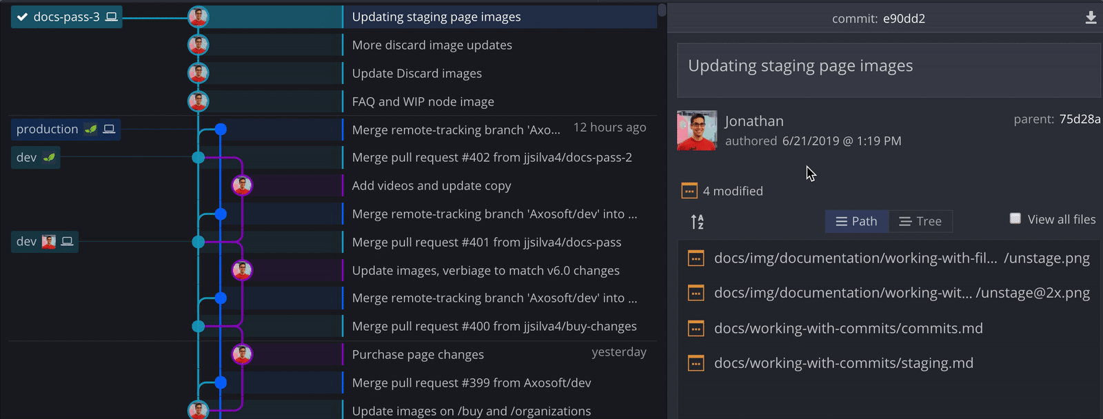 User right-clicks a selected range of 4 commits and chooses Squash 4 commits from the context menu in GitKraken Desktop
