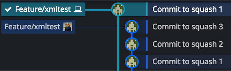 GitKraken Desktop graph showing a local branch with a single squashed commit, while the remote branch still displays the original multiple commits.