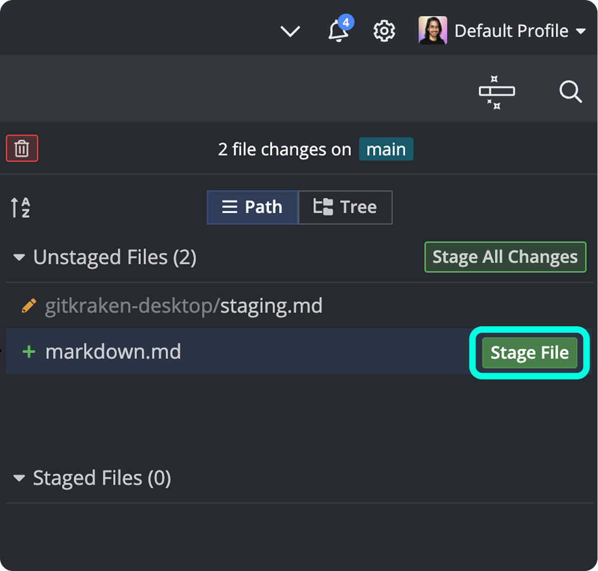 GitKraken Desktop showing unstaged files with the 'Stage File' button visible next to markdown.md