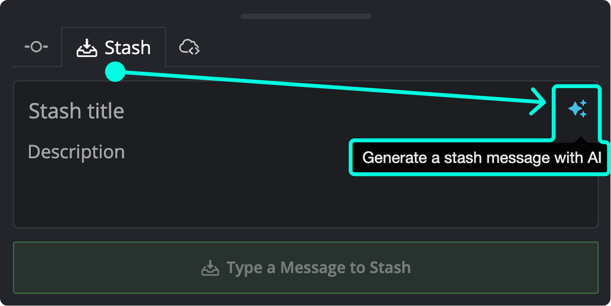 Stash message input section with highlighted AI button labeled 'Generate a stash message with AI'.