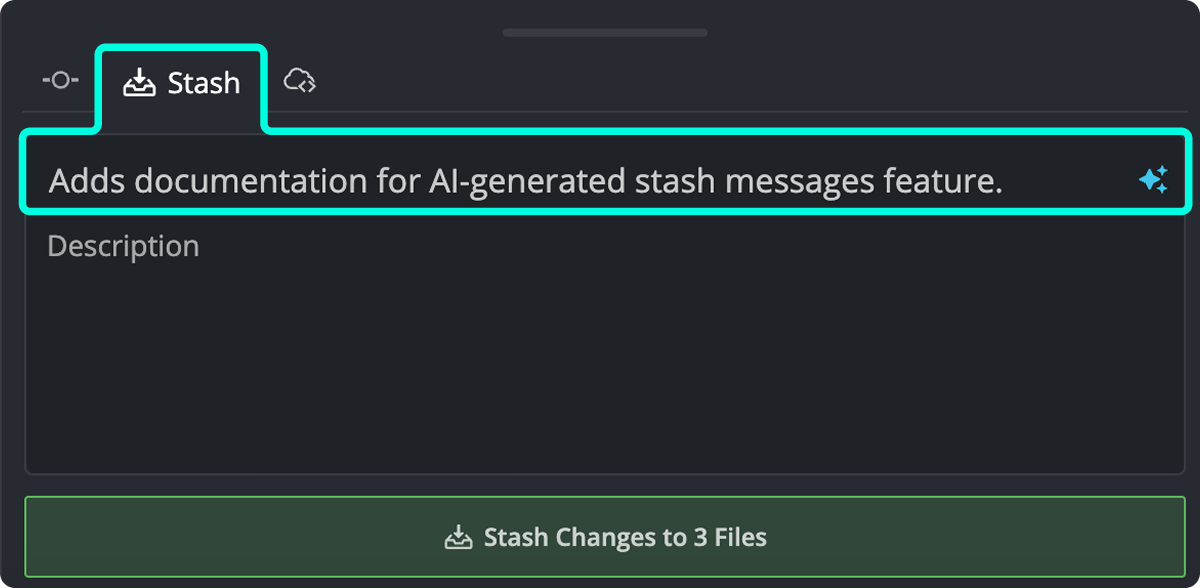 Stash message input field populated with AI-generated text, 'Adds documentation for AI-generated stash messages feature.'
