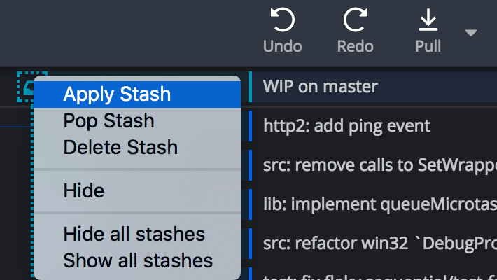 Right-click stash options menu in GitKraken Desktop showing Apply, Pop, Delete, and visibility controls